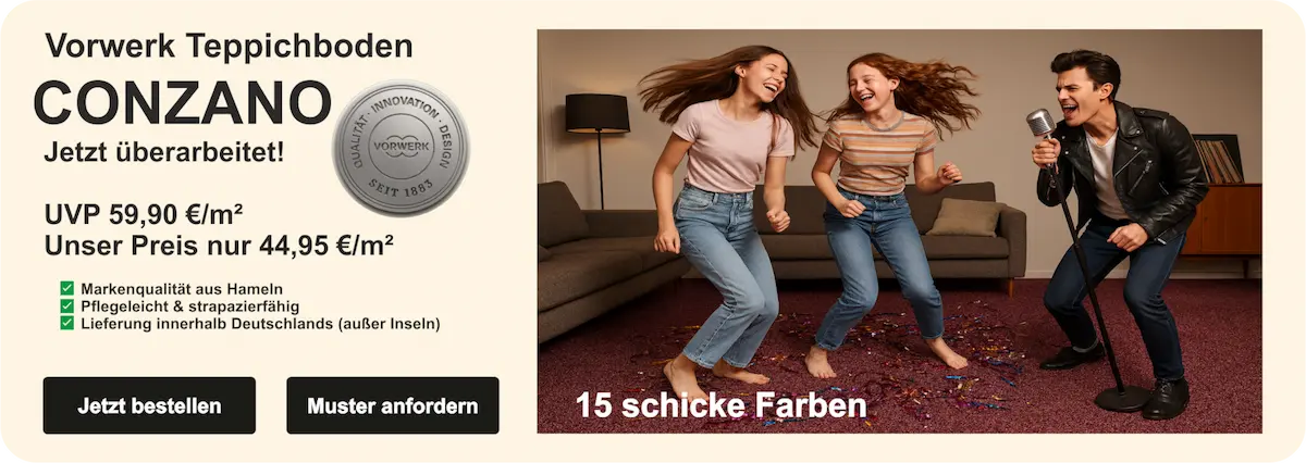 Vorwerk Conzano Teppichboden – Velours-Oberfläche in Farbe 1M04, gleichmäßig strukturiert, präsentiert als Rollenansicht auf dunklem Hintergrund, erhältlich in 4 m und 5 m Breite.